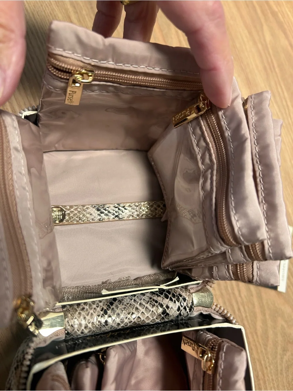 PurseN Snake-Print Cosmetic Case in Brown and Beige with Gold Accents